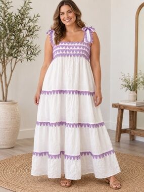 CeliaB Kelly Dress White Purple Trim Linen Cotton Tiered Maxi Resort Dress